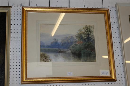 19th C watercolour - barge on a misty lake scene(-)